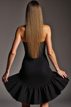 Black Strapless Short Tight Satin Cocktail Dress with Ruffles