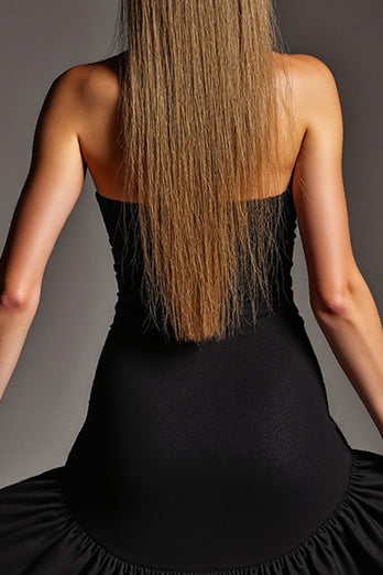 Black Strapless Short Tight Satin Cocktail Dress with Ruffles