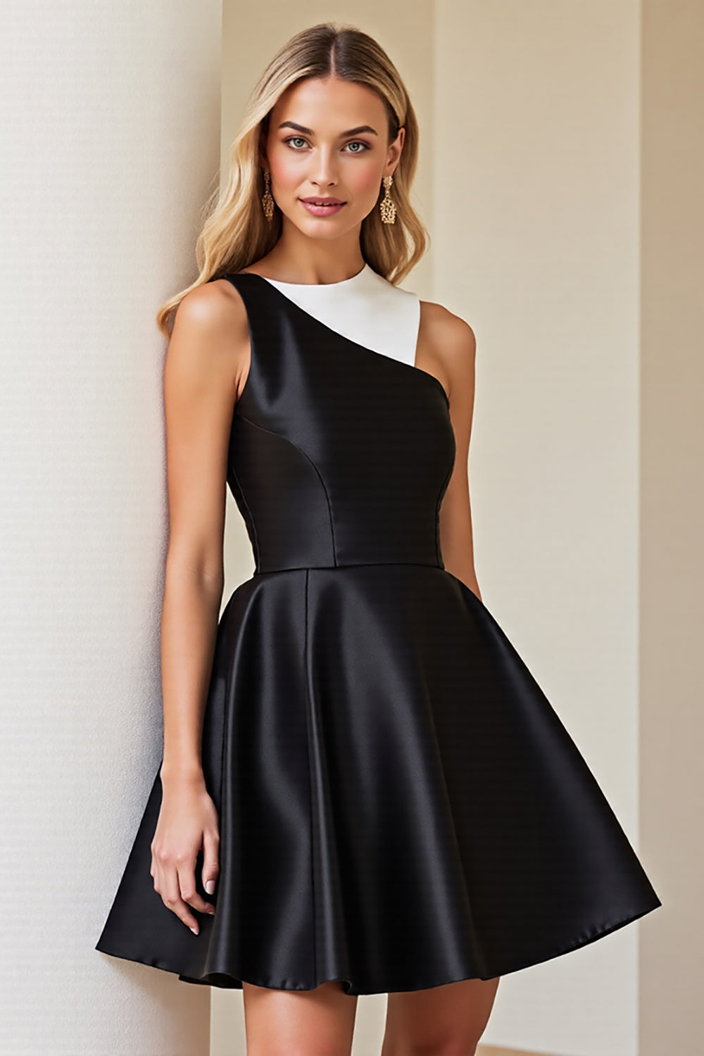 Simple Black and White A Line Short Patchwork Satin Cocktail Dress