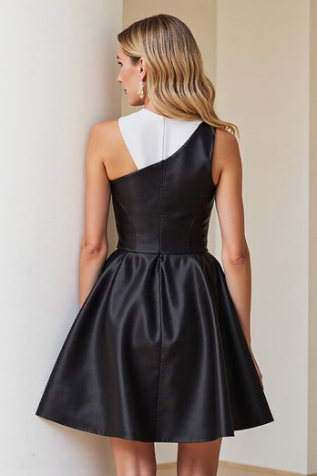 Simple Black and White A Line Short Patchwork Satin Cocktail Dress
