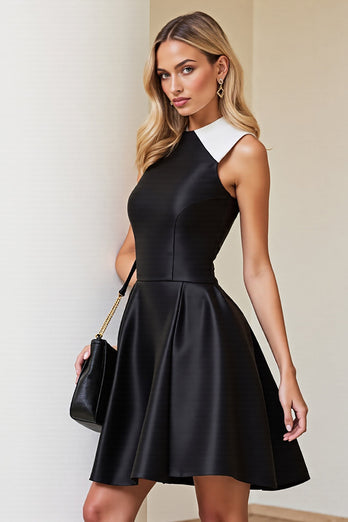 Simple Black and White A Line Short Patchwork Satin Cocktail Dress