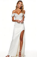 Load image into Gallery viewer, Elegant White Sheath Polka Dots Maxi Satin Formal Dress with Slit