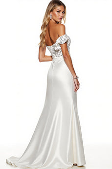 Elegant White Sheath Polka Dots Maxi Satin Formal Dress with Slit