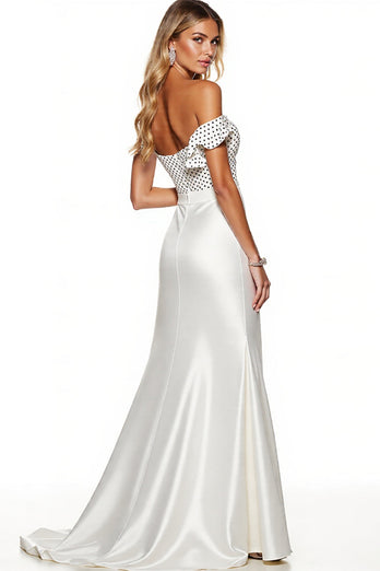 Elegant White Sheath Polka Dots Maxi Satin Formal Dress with Slit