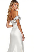 Load image into Gallery viewer, Elegant White Sheath Polka Dots Maxi Satin Formal Dress with Slit