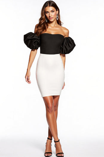 Black and White Strapless Patchwork Puff Sleeves Short Tight Cocktail Dress