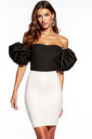 Load image into Gallery viewer, Black and White Strapless Patchwork Puff Sleeves Short Tight Cocktail Dress