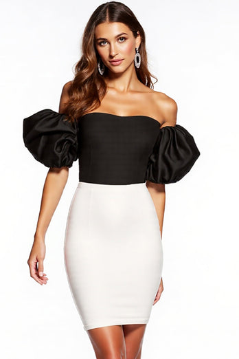 Black and White Strapless Patchwork Puff Sleeves Short Tight Cocktail Dress