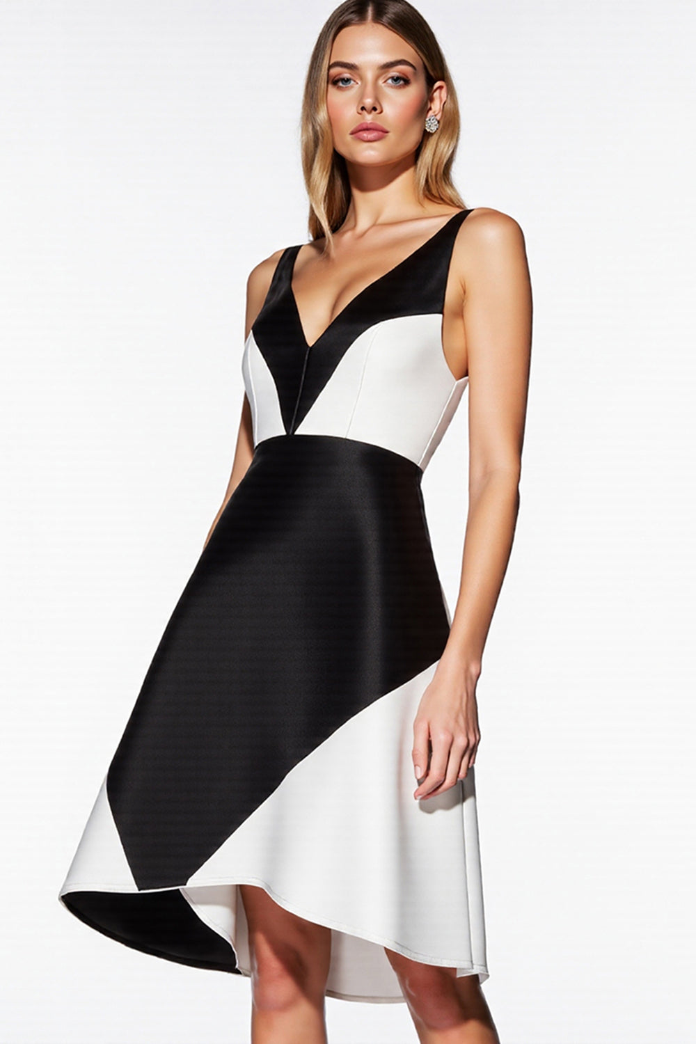 Black and White V-Neck A Line Short Patchwork Cocktail Dress