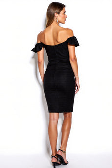 Off the Shoulder Black Short Tight Cocktail Dress with Ruffles