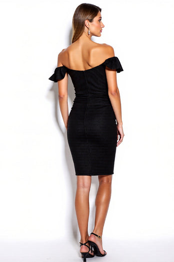 Off the Shoulder Black Short Tight Cocktail Dress with Ruffles