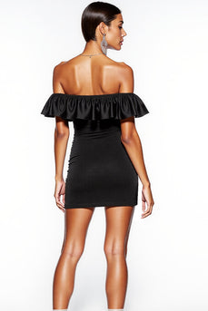 Off the Shoulder Black Short Satin Cocktail Dress with Ruffles
