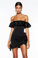 Load image into Gallery viewer, Off the Shoulder Black Short Satin Cocktail Dress with Ruffles
