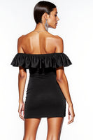 Load image into Gallery viewer, Off the Shoulder Black Short Satin Cocktail Dress with Ruffles
