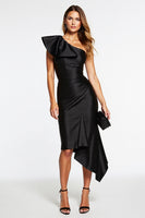 Load image into Gallery viewer, Black One Shoulder Tight Midi Ruffles Satin Cocktail Dress