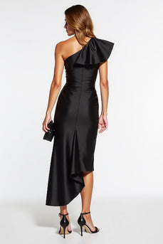 Black One Shoulder Tight Midi Ruffles Satin Cocktail Dress