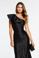 Load image into Gallery viewer, Black One Shoulder Tight Midi Ruffles Satin Cocktail Dress