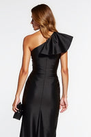 Load image into Gallery viewer, Black One Shoulder Tight Midi Ruffles Satin Cocktail Dress