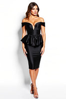Load image into Gallery viewer, Black Corset Off the Shoulder Midi Ruffles Satin Cocktail Dress
