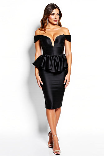 Black Corset Off the Shoulder Midi Ruffles Satin Cocktail Dress