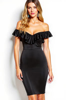 Load image into Gallery viewer, Black Off the Shoulder Short Satin Cocktail Dress with Ruffled