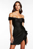 Load image into Gallery viewer, Satin Black Off the Shoulder Ruched Ruffles Short Cocktail Dress