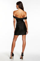 Load image into Gallery viewer, Satin Black Off the Shoulder Ruched Ruffles Short Cocktail Dress