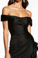 Load image into Gallery viewer, Satin Black Off the Shoulder Ruched Ruffles Short Cocktail Dress