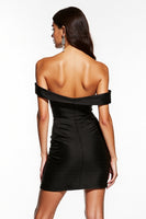 Load image into Gallery viewer, Satin Black Off the Shoulder Ruched Ruffles Short Cocktail Dress