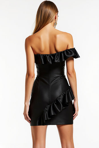 Black One Shoulder Bodycon Short Satin Cocktail Dress with Ruffles