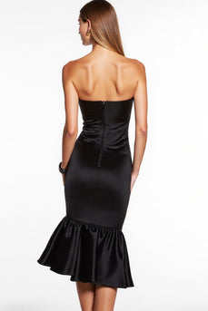 Sweetheart Black Tight Midi Satin Cocktail Dress with Ruffles