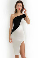 Load image into Gallery viewer, Black and White Short Patchwork One Shoulder Cocktail Dress with Slit