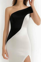 Load image into Gallery viewer, Black and White Short Patchwork One Shoulder Cocktail Dress with Slit