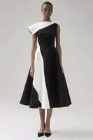 Load image into Gallery viewer, Black and White Patchwork A Line Midi Black Tie Dress