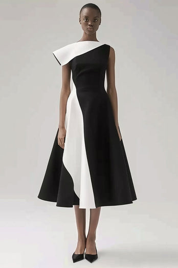 Black and White Patchwork A Line Midi Black Tie Dress
