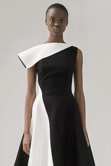 Black and White Patchwork A Line Midi Black Tie Dress