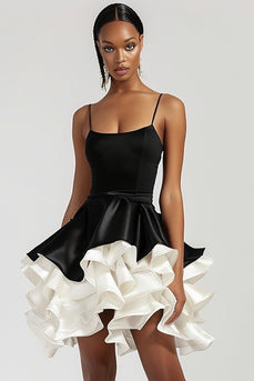 Black and White Short Patchwork Tiered Satin Cocktail Dress with Ruffles