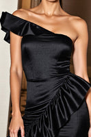 Load image into Gallery viewer, Black Tight Short One Shoulder Satin Cocktail Dress with Ruffles