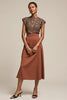 Load image into Gallery viewer, Sparkly Brown Satin Midi 2 Piece Cap Sleeves Work Blouses and Skirt with Sequins