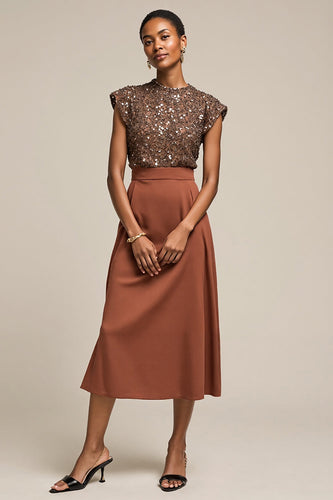 Sparkly Brown Satin Midi 2 Piece Cap Sleeves Work Blouses and Skirt with Sequins