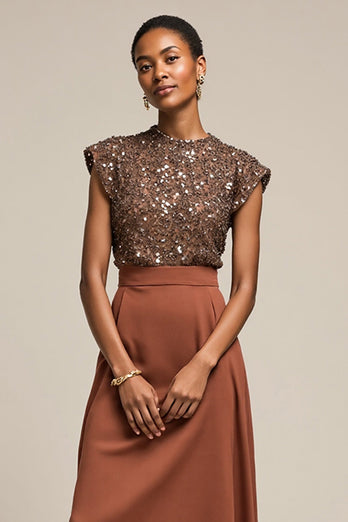 Sparkly Brown Satin Midi 2 Piece Cap Sleeves Work Blouses and Skirt with Sequins