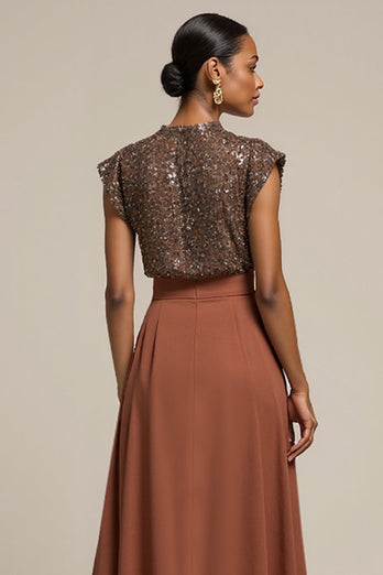Sparkly Brown Satin Midi 2 Piece Cap Sleeves Work Blouses and Skirt with Sequins