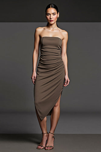 Coffee Strapless Ruched Asymmetrical Work Dress with Pencil