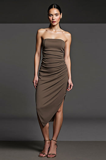 Coffee Strapless Ruched Asymmetrical Work Dress with Pencil