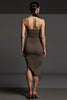 Load image into Gallery viewer, Coffee Strapless Ruched Asymmetrical Work Dress with Pencil