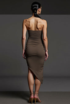Coffee Strapless Ruched Asymmetrical Work Dress with Pencil