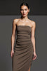 Load image into Gallery viewer, Coffee Strapless Ruched Asymmetrical Work Dress with Pencil