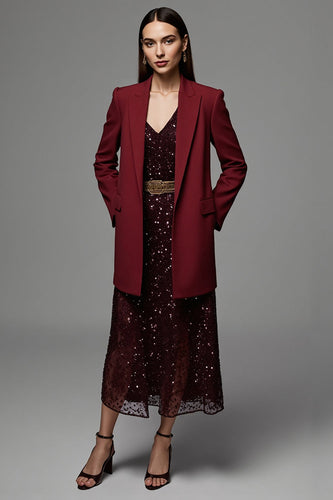 Burgundy Long Sleeves Peak Lapel Satin Women Work Blazer with Pockets