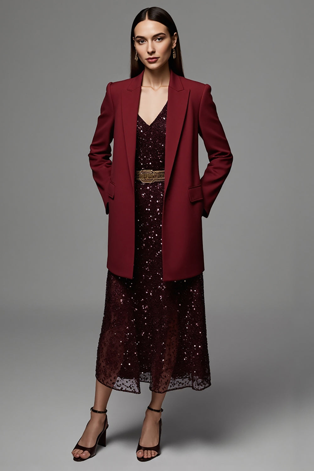 Burgundy Long Sleeves Peak Lapel Satin Women Work Blazer with Pockets