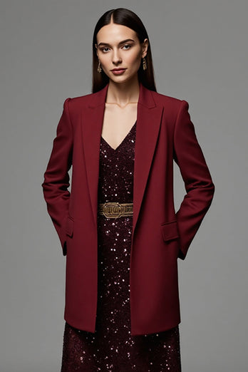 Burgundy Long Sleeves Peak Lapel Satin Women Work Blazer with Pockets